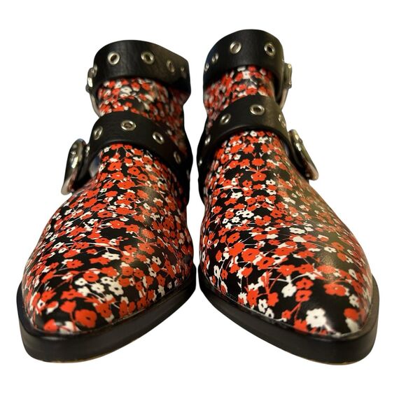 Rebecca Minkoff Ankle Boots Kianna Cutout Bootie 6.5M Red Black Floral Back Zip - Picture 6 of 16